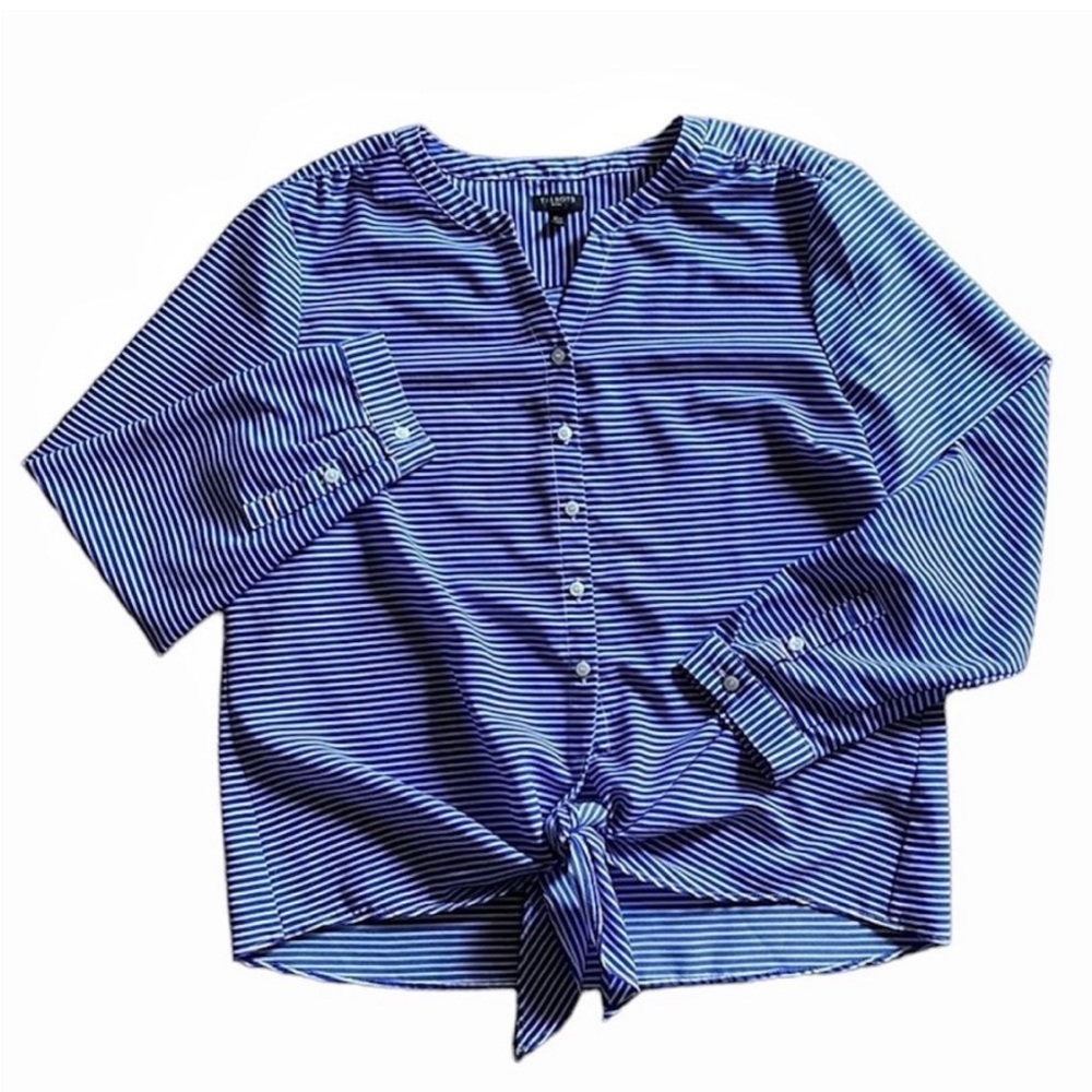 Talbots Blouse Button Down Stripe Blue White XL Petite Office